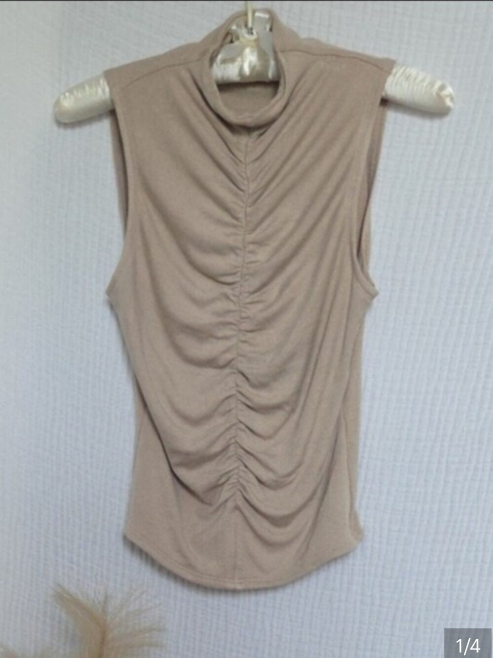 Entro Beige Ruched Mock Neck Sleeveless Tank